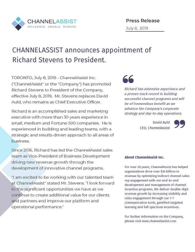 ChannelAssist Promotes Richard Stevens to President